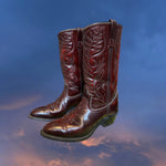 Load image into Gallery viewer, Side view of dark reddish-brown western leather boots with white stitching. Good Kid Collective hand-picked this item.
