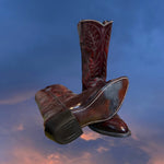 Load image into Gallery viewer, Bottom view of dark reddish-brown western leather boots with white stitching. Good Kid Collective hand-picked this item.
