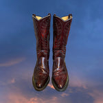 Load image into Gallery viewer, Front view of dark reddish-brown western leather boots with white stitching. Good Kid Collective hand-picked this item.
