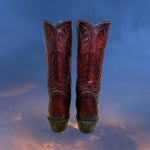 Load image into Gallery viewer, Back view of dark reddish-brown western leather boots with white stitching. Good Kid Collective hand-picked this item.

