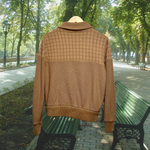 Load image into Gallery viewer, Back of vintage tan, cozy zip-up jacket with a fuzzy, dark-brown liner. Made in Korea for Montgomery Ward. Good Kid Collective hand-picked this item.
